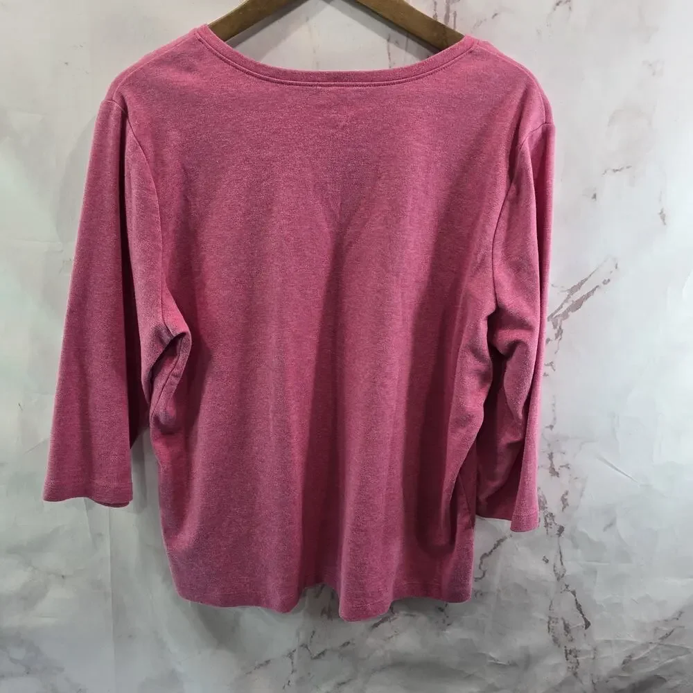 LL Bean Shirt Womens XL Petite P Pink Three Quarter Sleeve V Neck